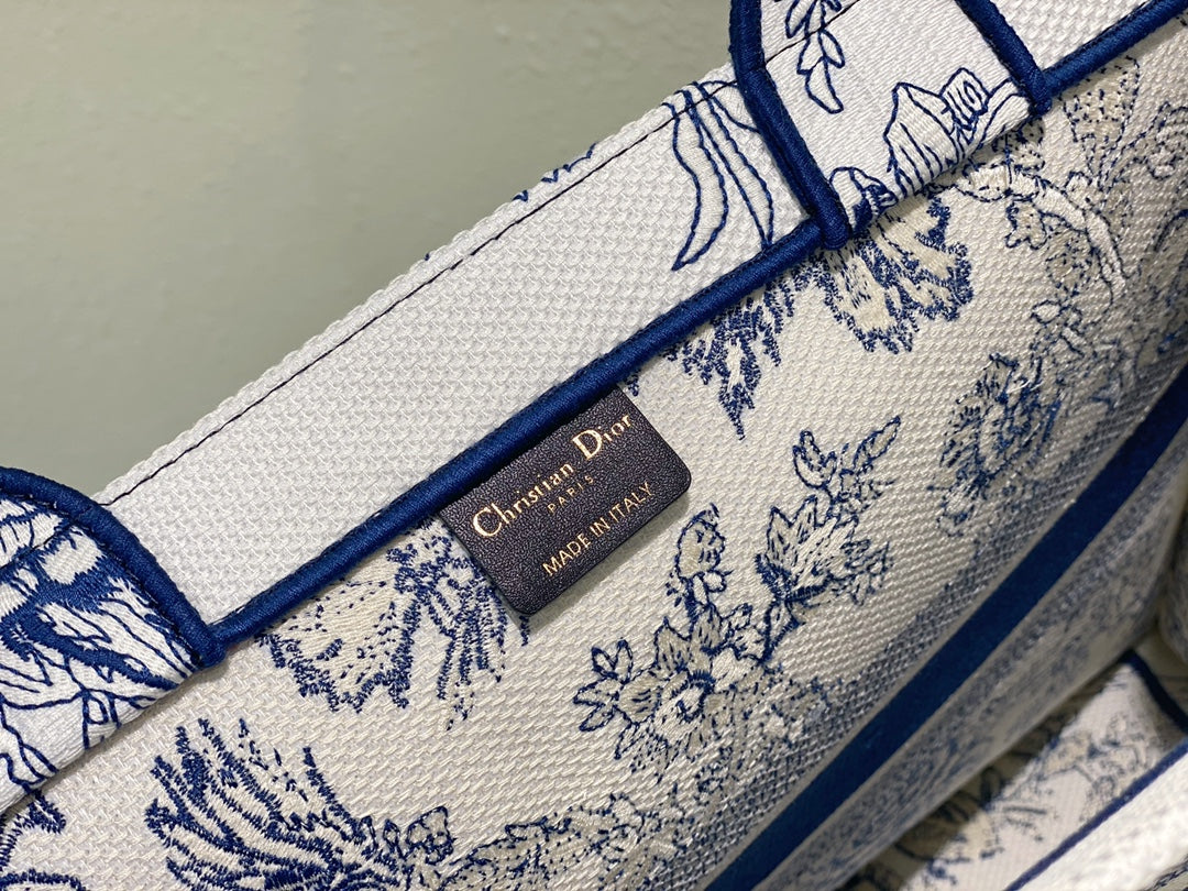 Dior Blue and White Floral Toile Embroidered Canvas Tote Bag