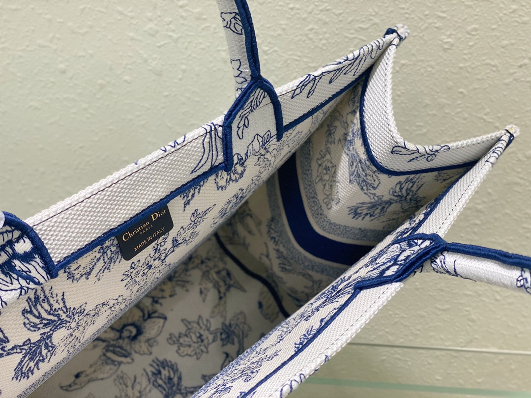 Dior Blue and White Floral Toile Embroidered Canvas Tote Bag