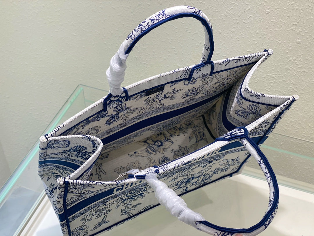 Dior Blue and White Floral Toile Embroidered Canvas Tote Bag