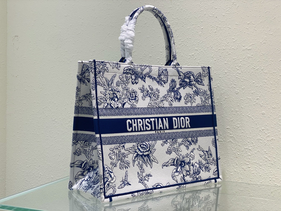 Christian Dior Medium Book Tote - Blue Toile de Jouy Embroidery