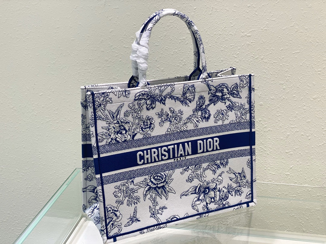 Christian Dior Medium Book Tote - Blue Toile de Jouy Embroidery