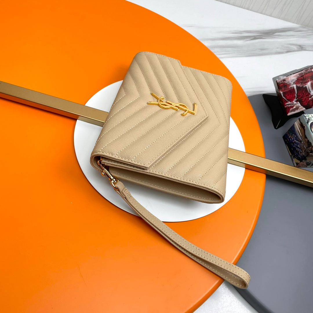 Saint Laurent Monogram Quilted Leather Clutch with Wristlet - Beige