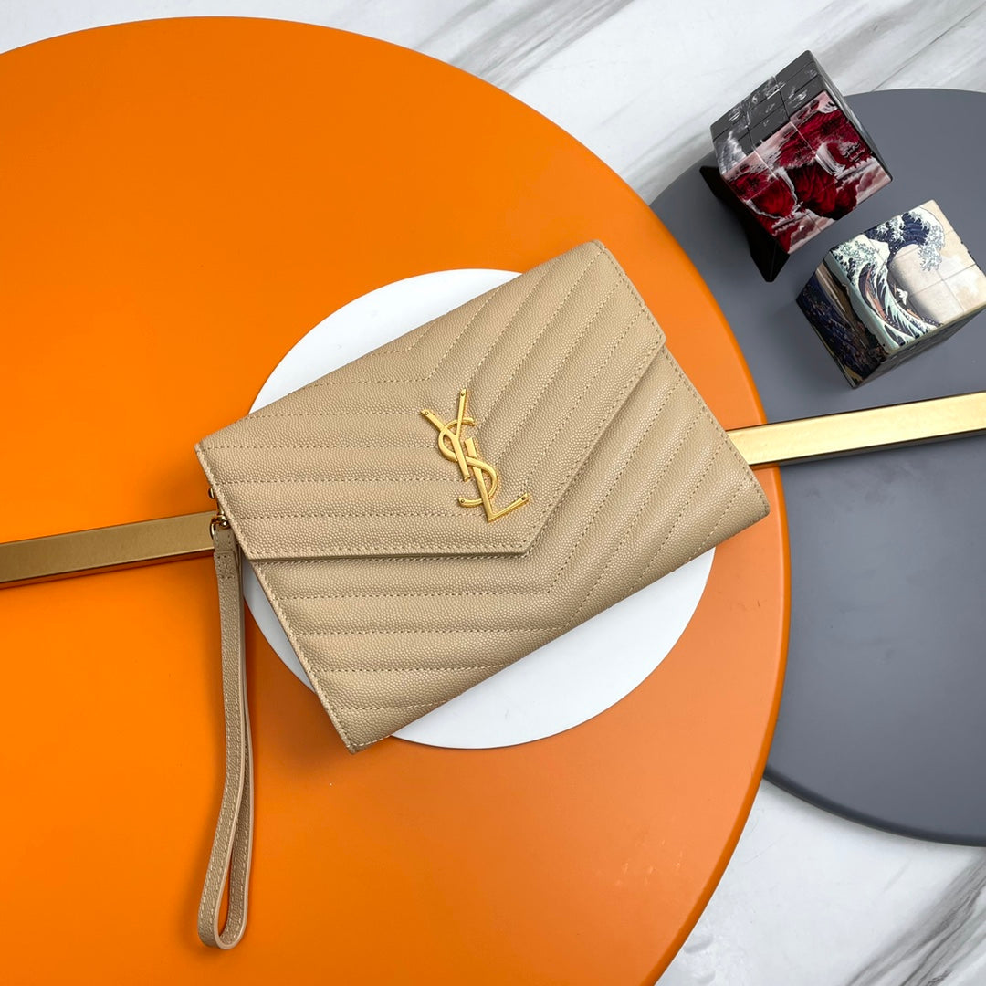 Saint Laurent Monogram Quilted Leather Clutch with Wristlet - Beige