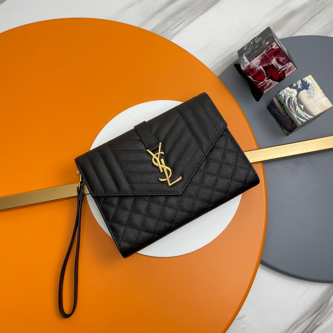 Yves Saint Laurent Monogram Quilted Leather Wristlet Envelope Clutch - Black