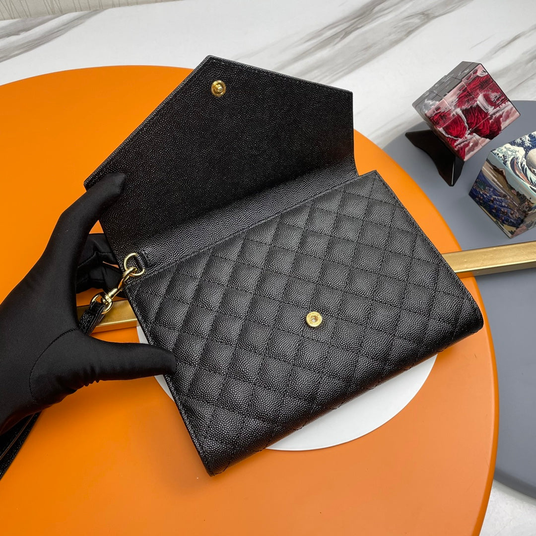 Yves Saint Laurent Monogram Quilted Leather Wristlet Envelope Clutch - Black