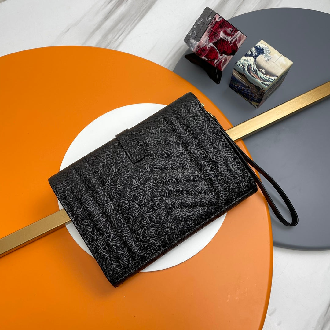 Yves Saint Laurent Monogram Quilted Leather Wristlet Envelope Clutch - Black