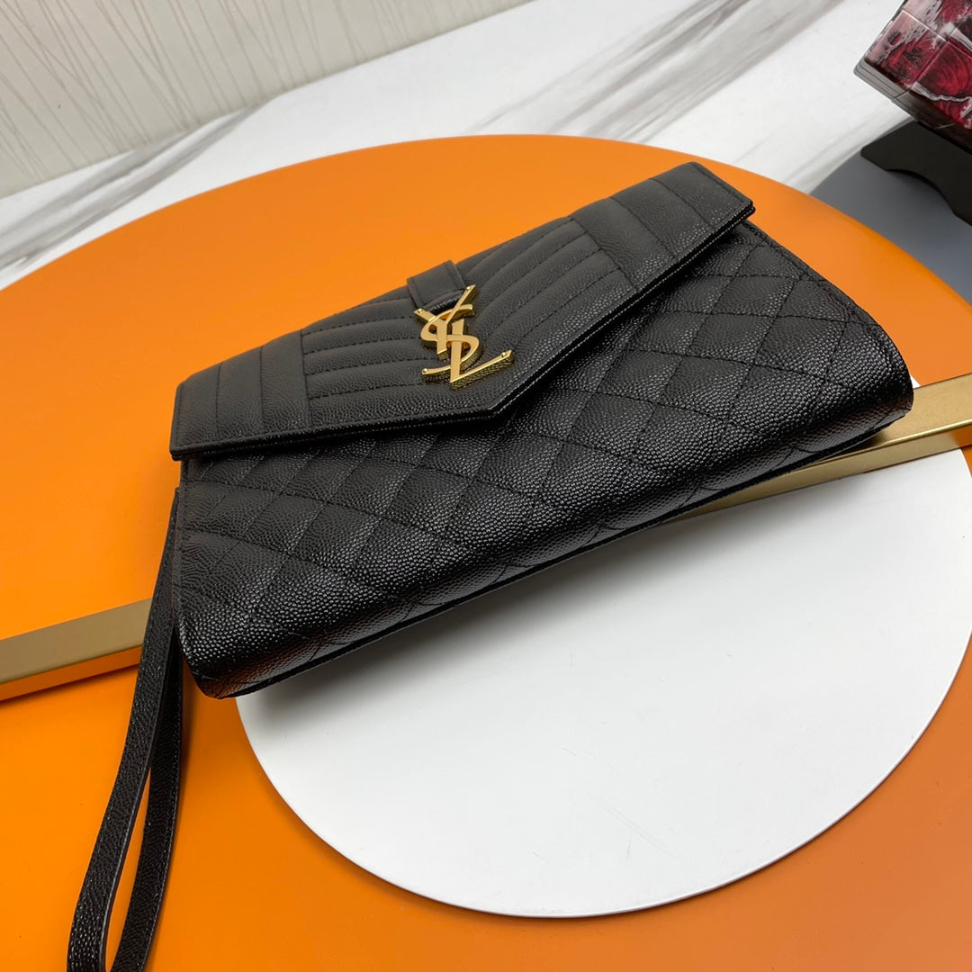 Yves Saint Laurent Monogram Quilted Leather Wristlet Envelope Clutch - Black