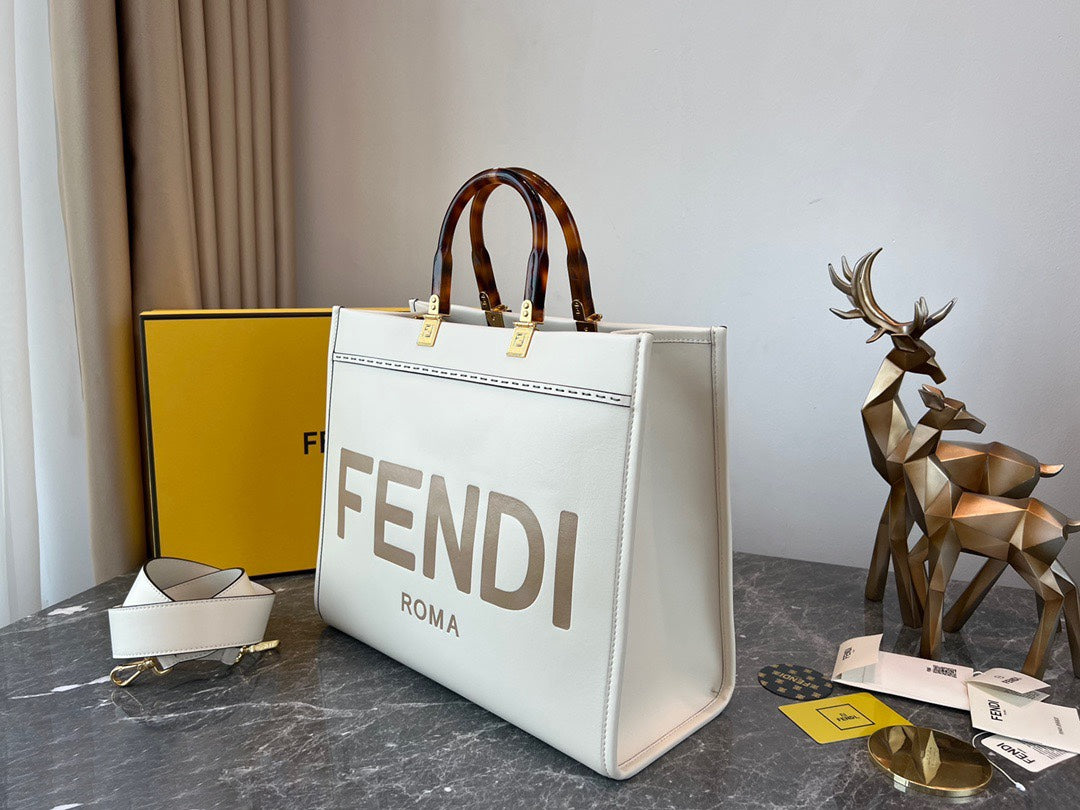Fendi Sunshine Medium Shopper Bag - White Leather Tote with Tortoiseshell Handles