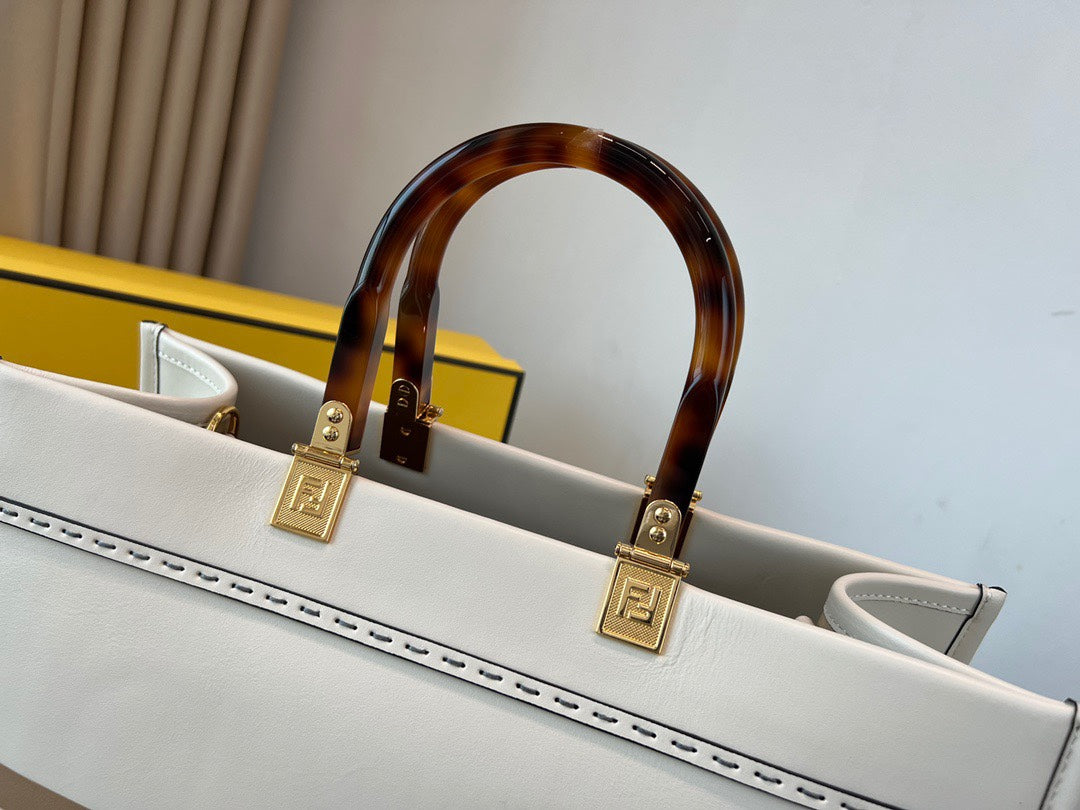 Fendi Sunshine Medium Tote Bag - White Leather with Tortoiseshell Handles