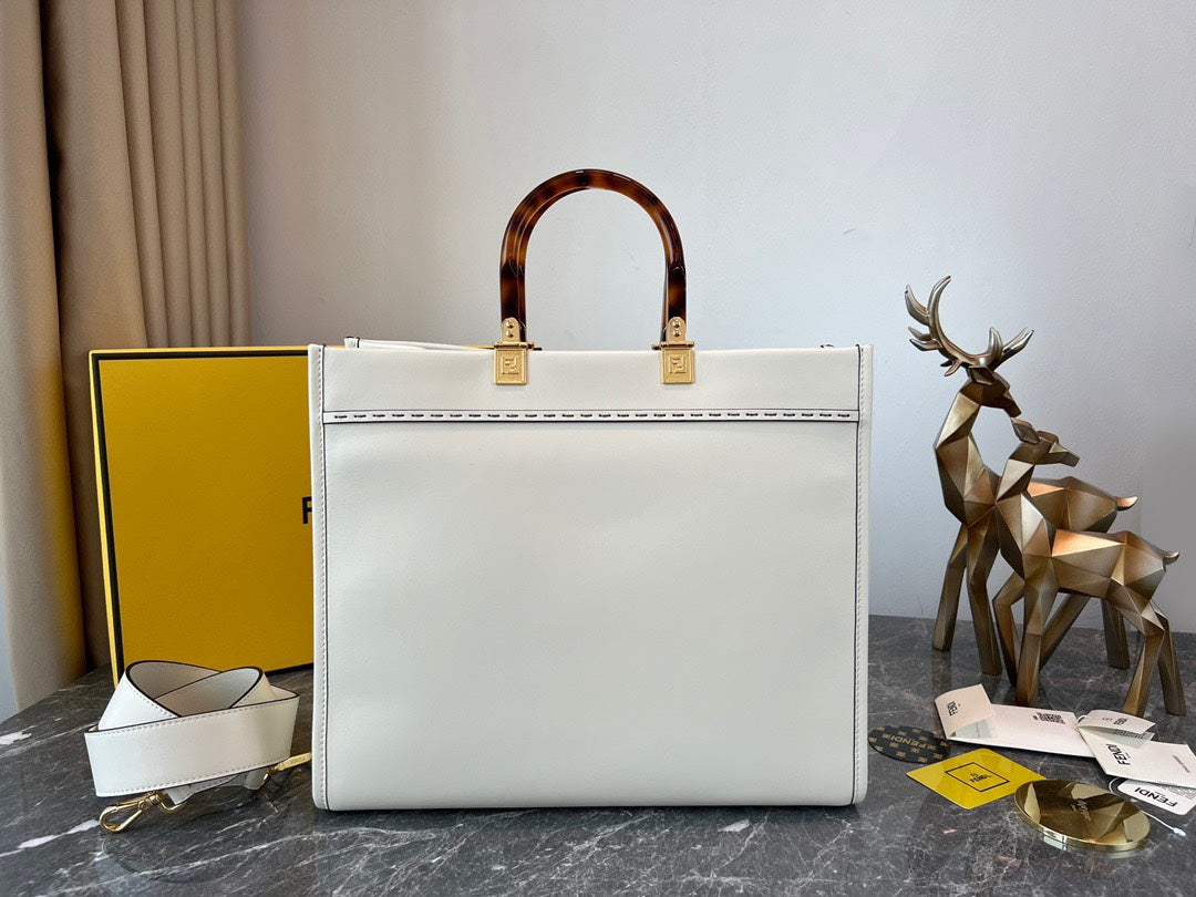 Fendi Sunshine Medium Shopper Bag - White Leather Tote with Tortoiseshell Handles
