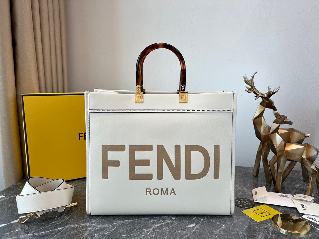 Fendi Sunshine Medium Tote Bag - White Leather with Tortoiseshell Handles