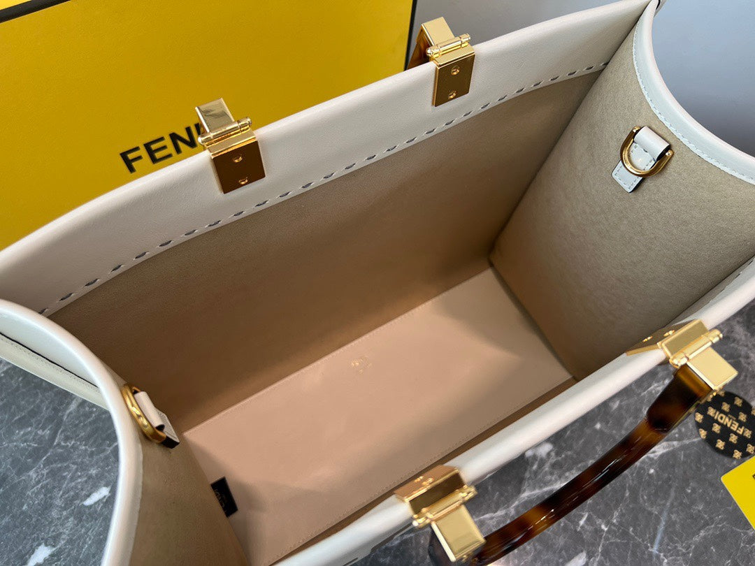Fendi Sunshine Medium Tote Bag - White Leather with Tortoiseshell Handles