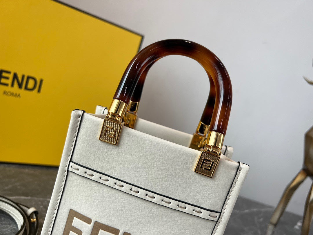 Fendi Sunshine Shopper Mini White Leather Tote Bag with Tortoiseshell Handles