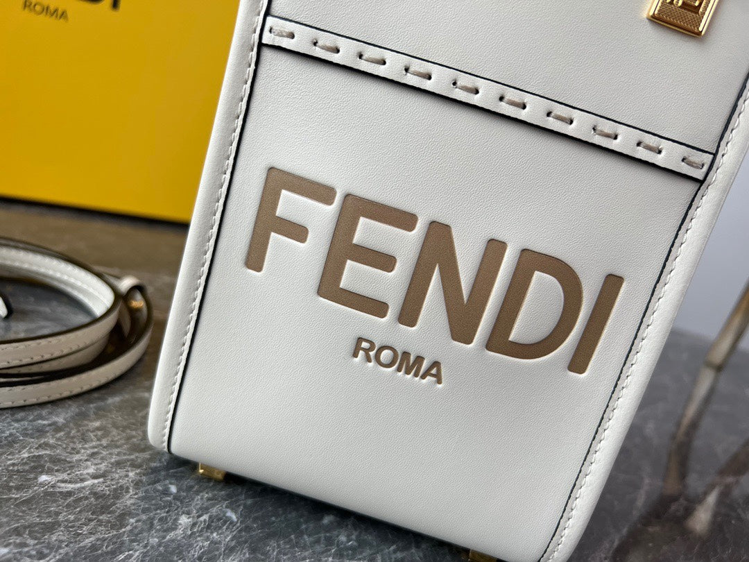 Fendi Sunshine Shopper Mini White Leather Tote Bag with Tortoiseshell Handles