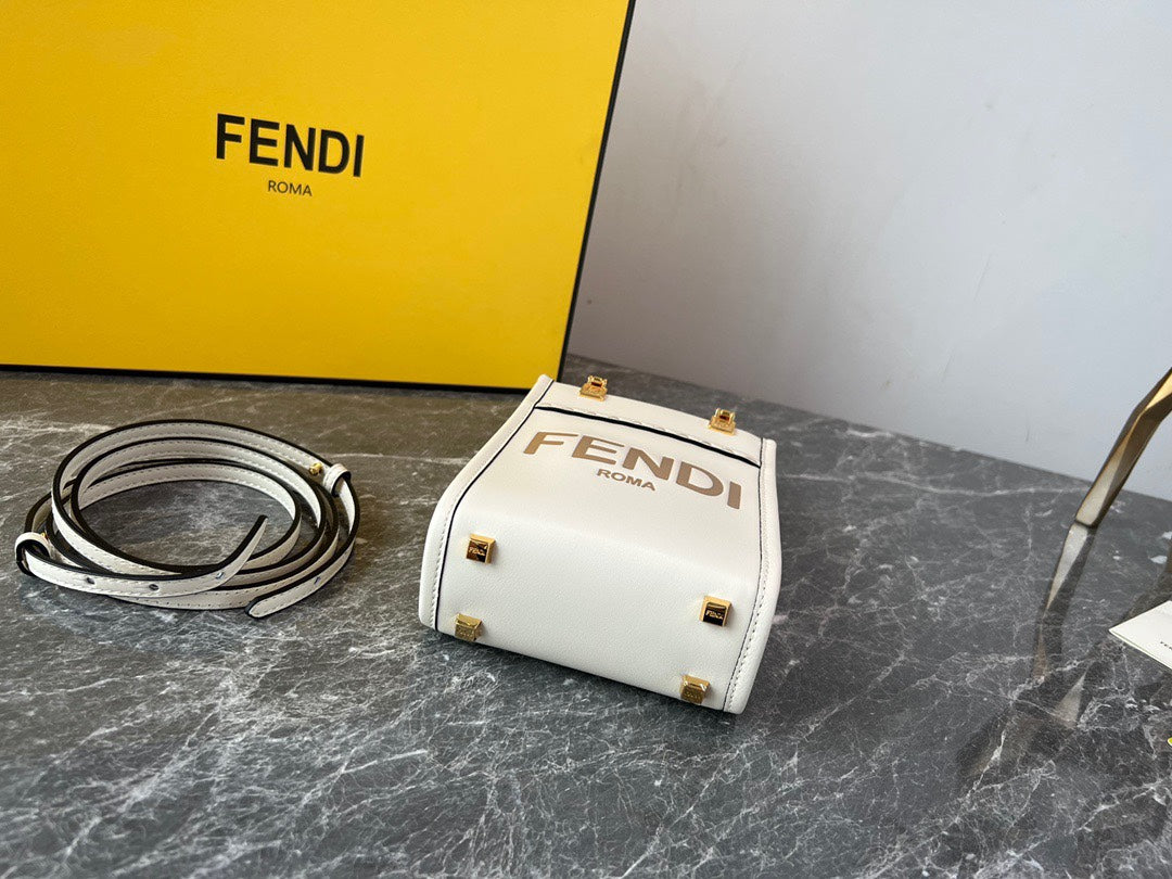Fendi Sunshine Shopper Mini White Leather Handbag with Logo