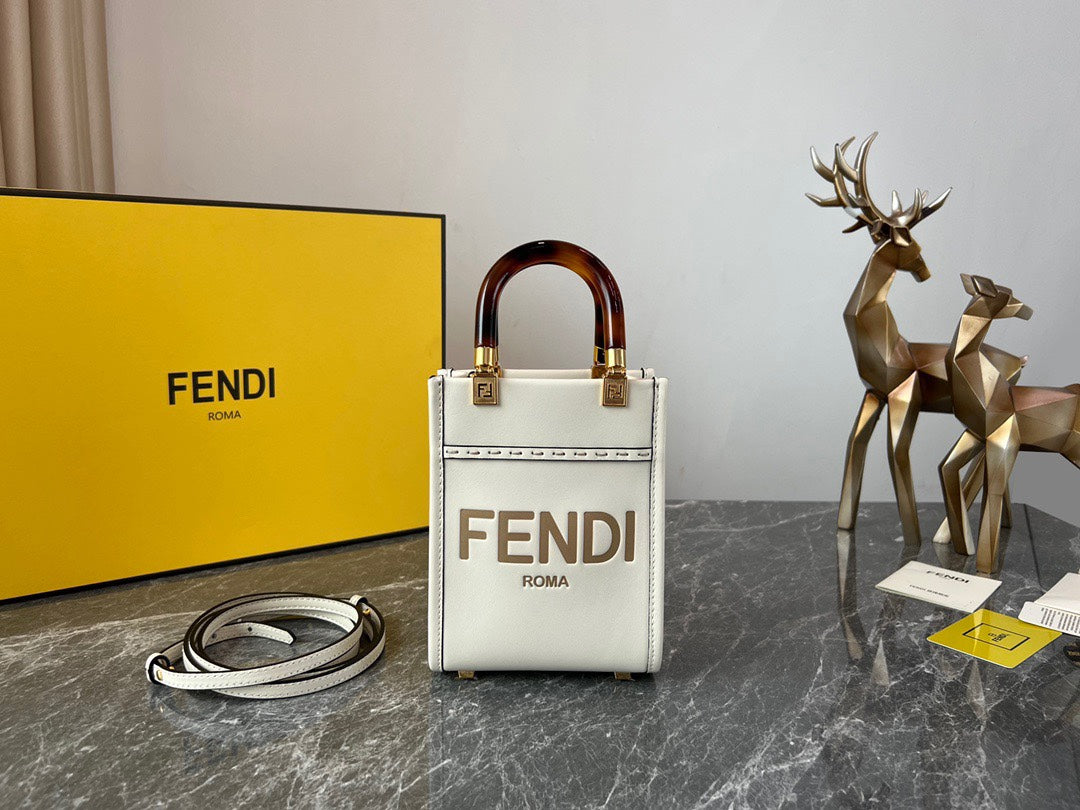 Fendi Sunshine Shopper Mini White Leather Tote Bag with Tortoiseshell Handles