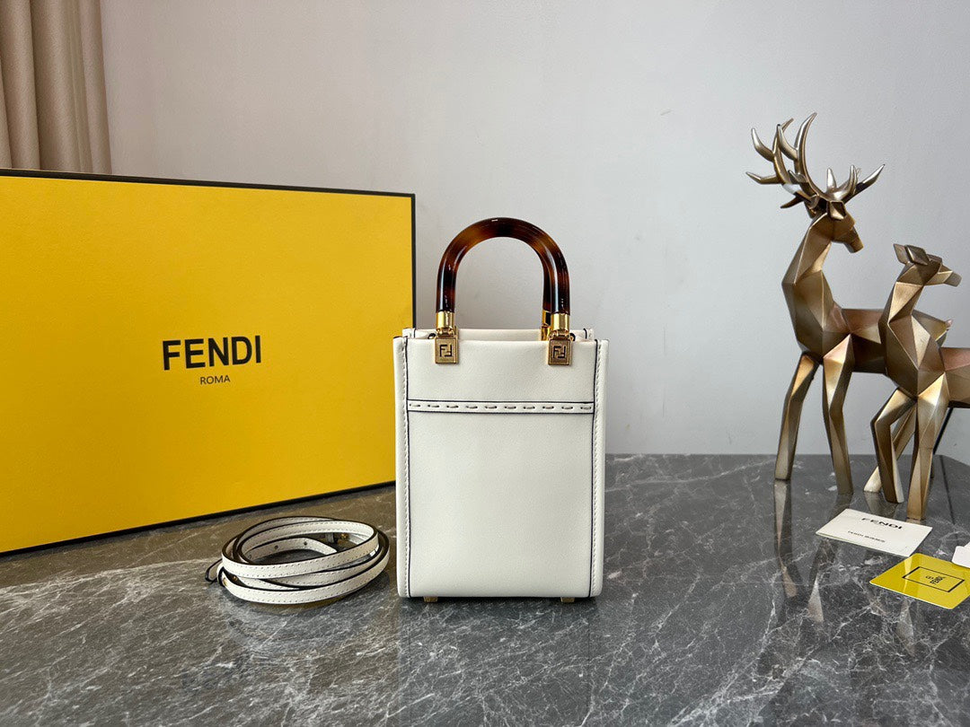 Fendi Sunshine Shopper Mini White Leather Tote Bag with Tortoiseshell Handles
