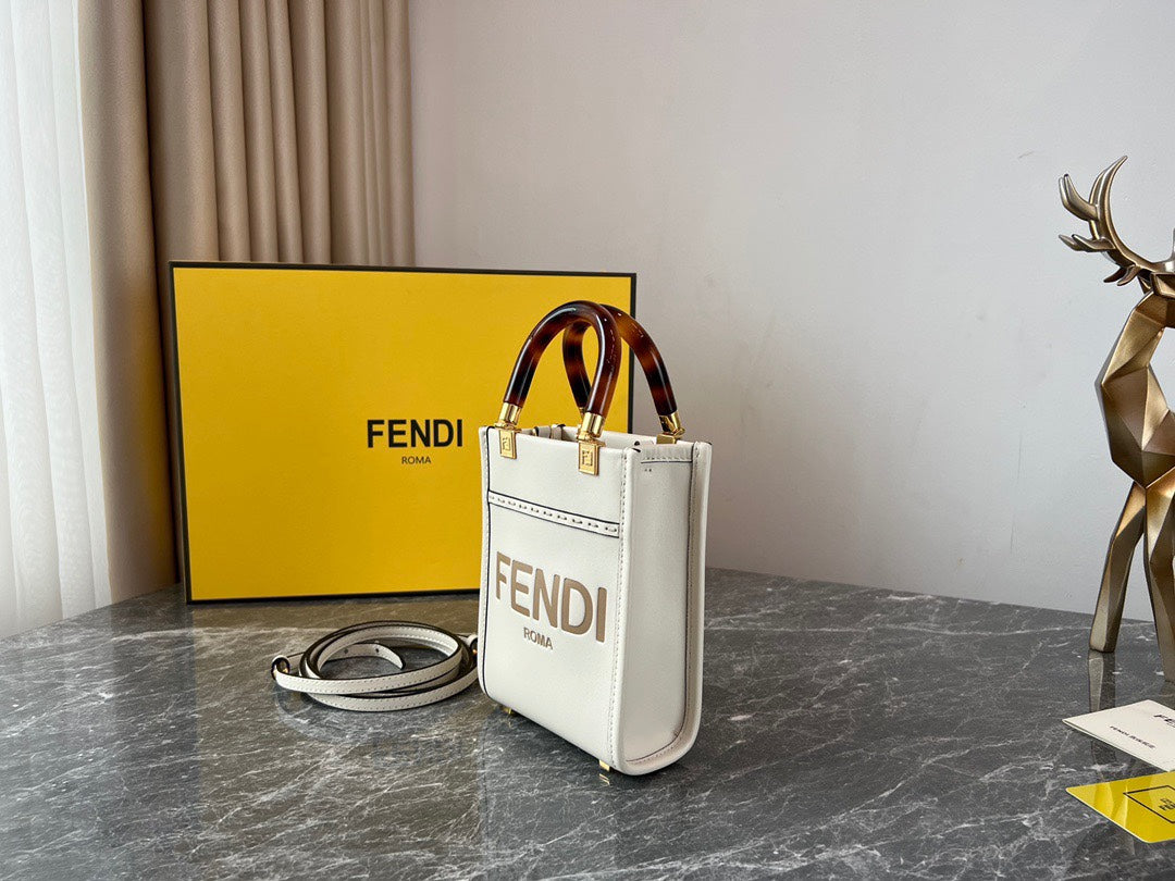 Fendi Sunshine Shopper Mini White Leather Handbag with Logo