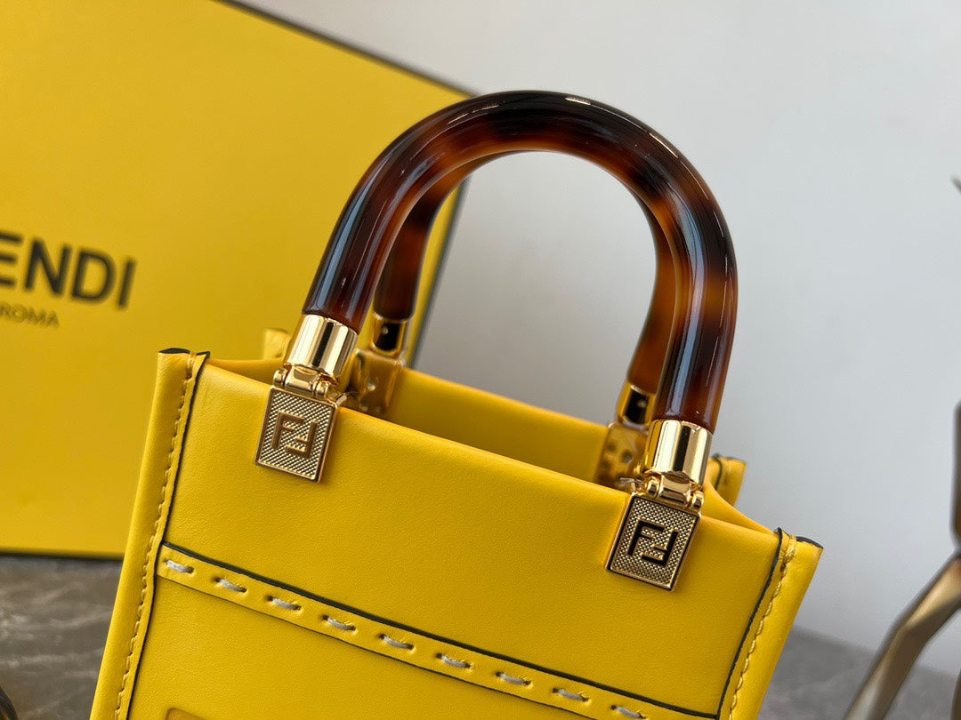 Fendi Sunshine Shopper Mini Yellow Leather Bag with Embossed Logo