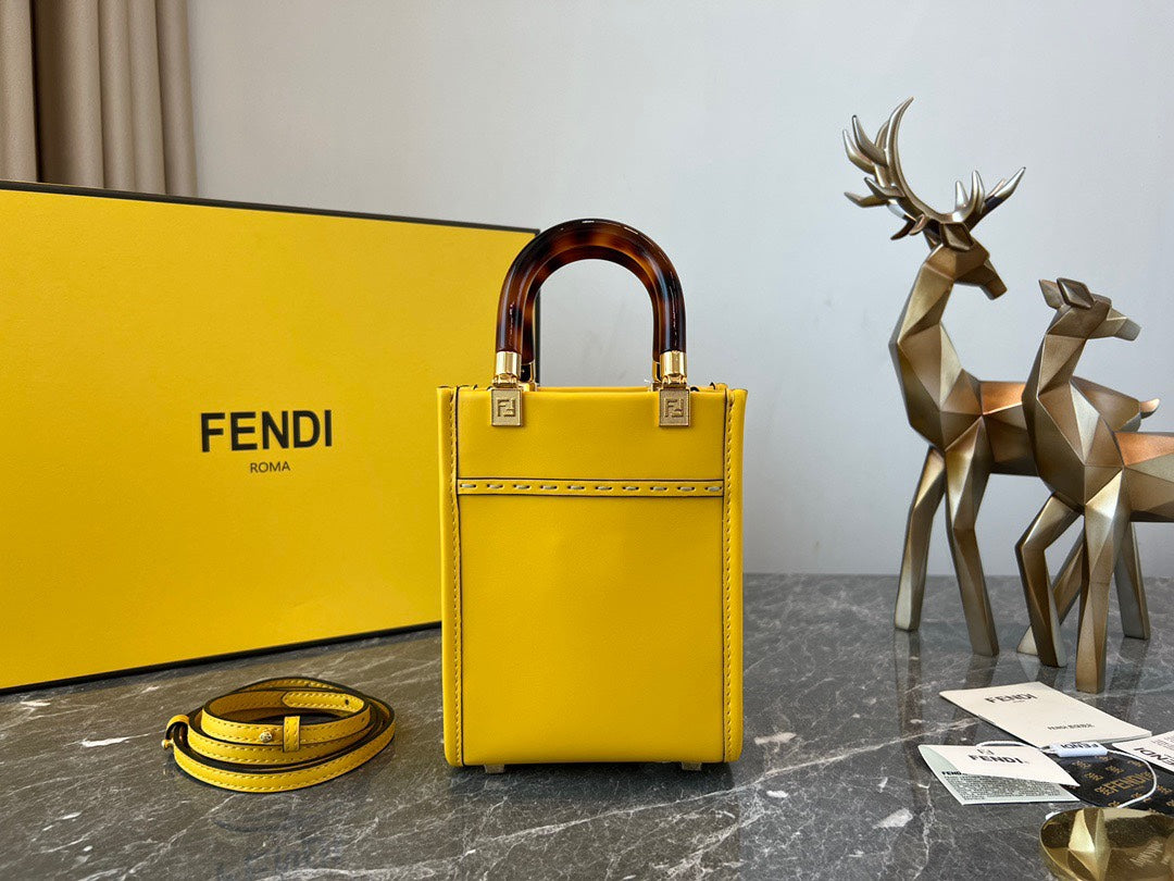 Fendi Mini Sunshine Shopper Bag - Yellow Leather Tote with Tortoiseshell Handles