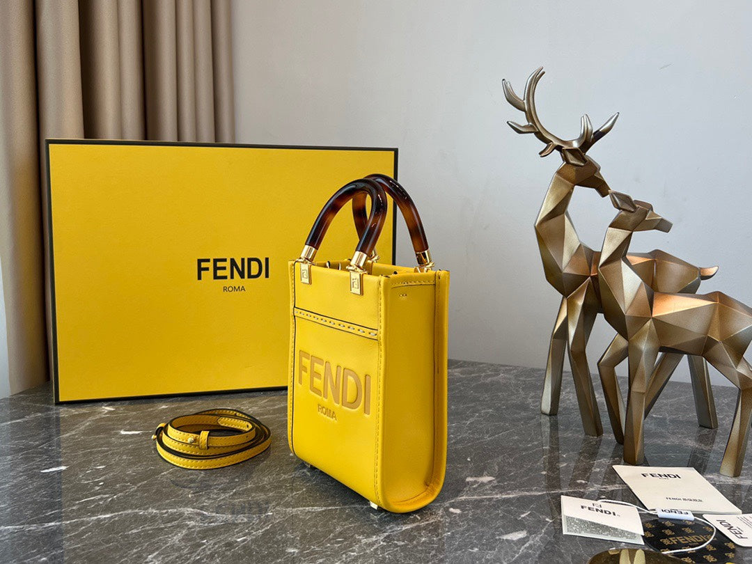 Fendi Mini Sunshine Shopper Bag - Yellow Leather Tote with Tortoiseshell Handles