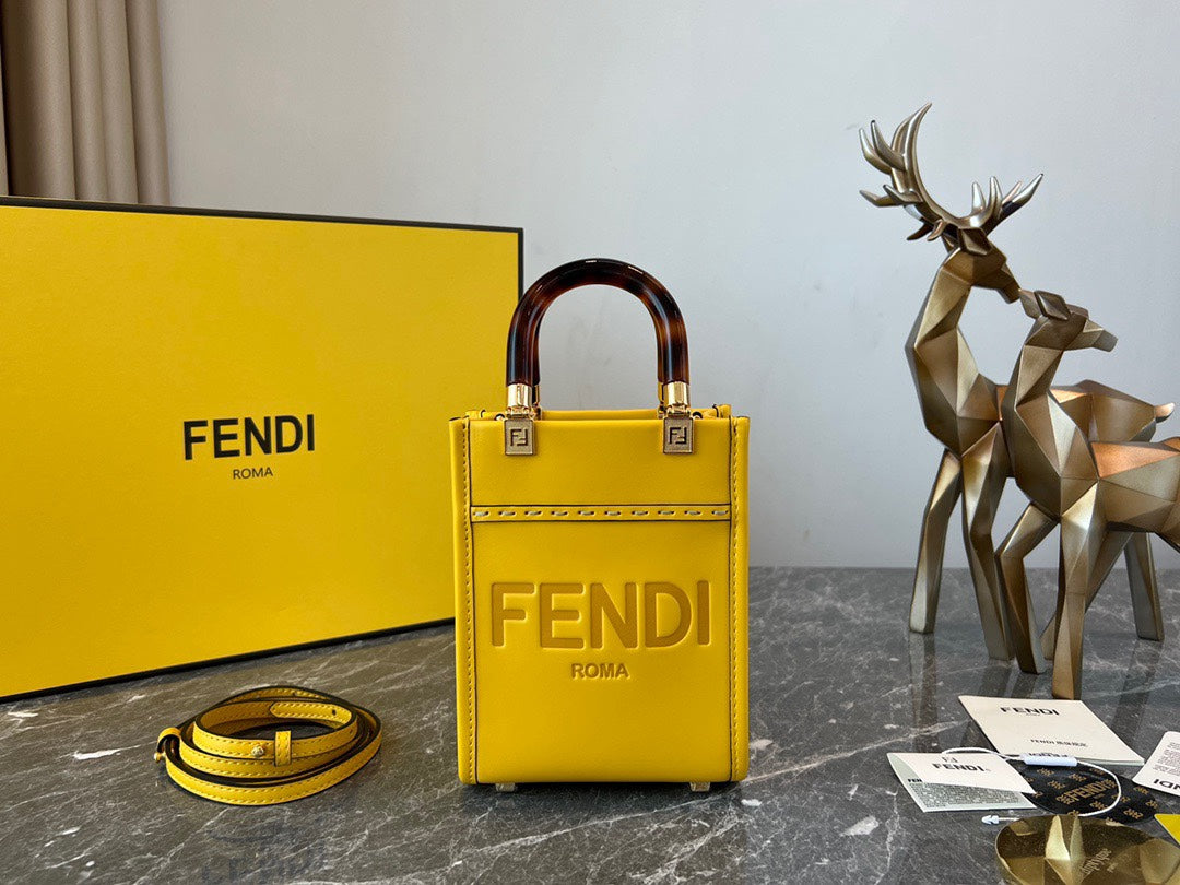 Fendi Mini Sunshine Shopper Bag - Yellow Leather Tote with Tortoiseshell Handles