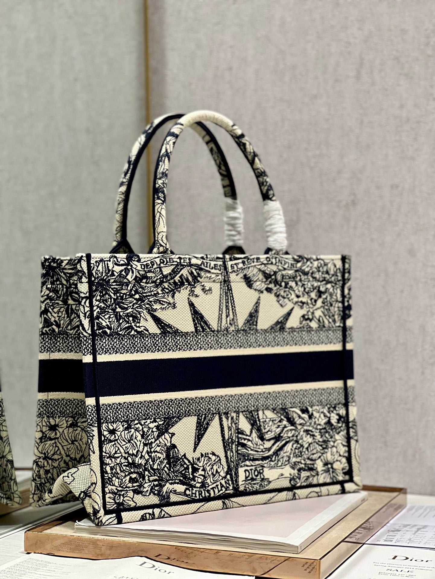 Christian Dior Medium Book Tote Bag - Black and White Embroidered Toile de Jouy with Star Motif