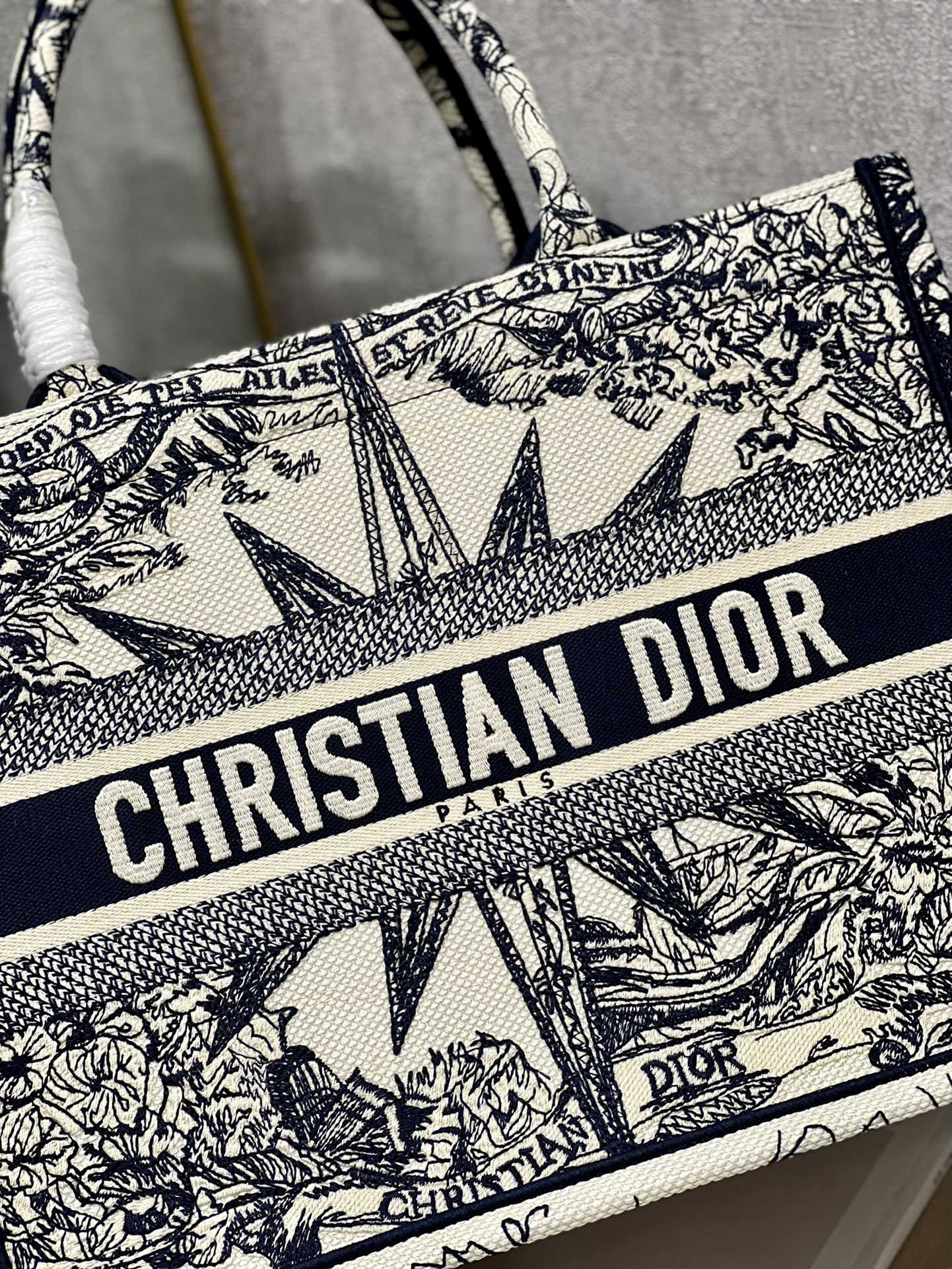 Christian Dior Medium Book Tote Bag - Black and White Embroidered Toile de Jouy with Star Motif