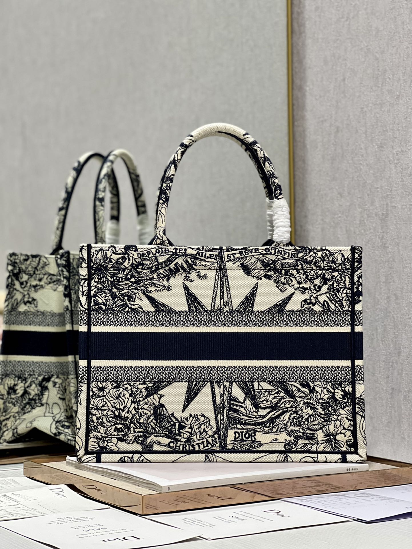 Dior Elegant Black and White Embroidered Star Canvas Tote Handbag