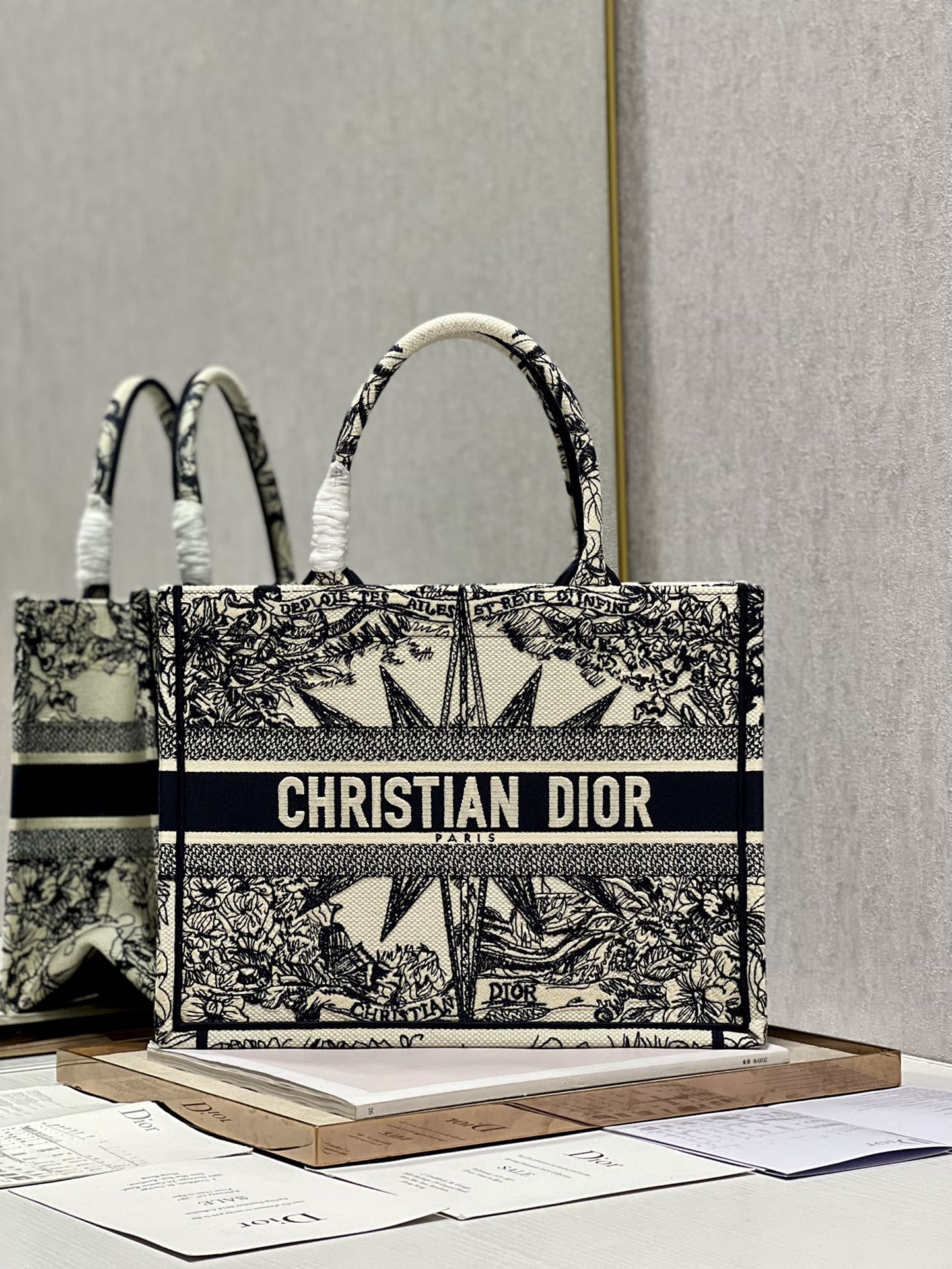 Christian Dior Medium Book Tote Bag - Black and White Embroidered Toile de Jouy with Star Motif