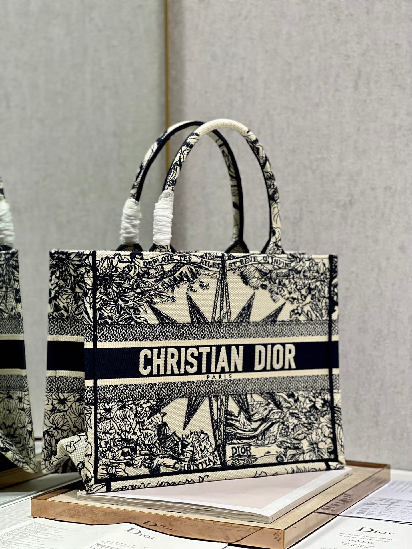 Christian Dior Medium Book Tote Bag - Black and White Embroidered Toile de Jouy with Star Motif