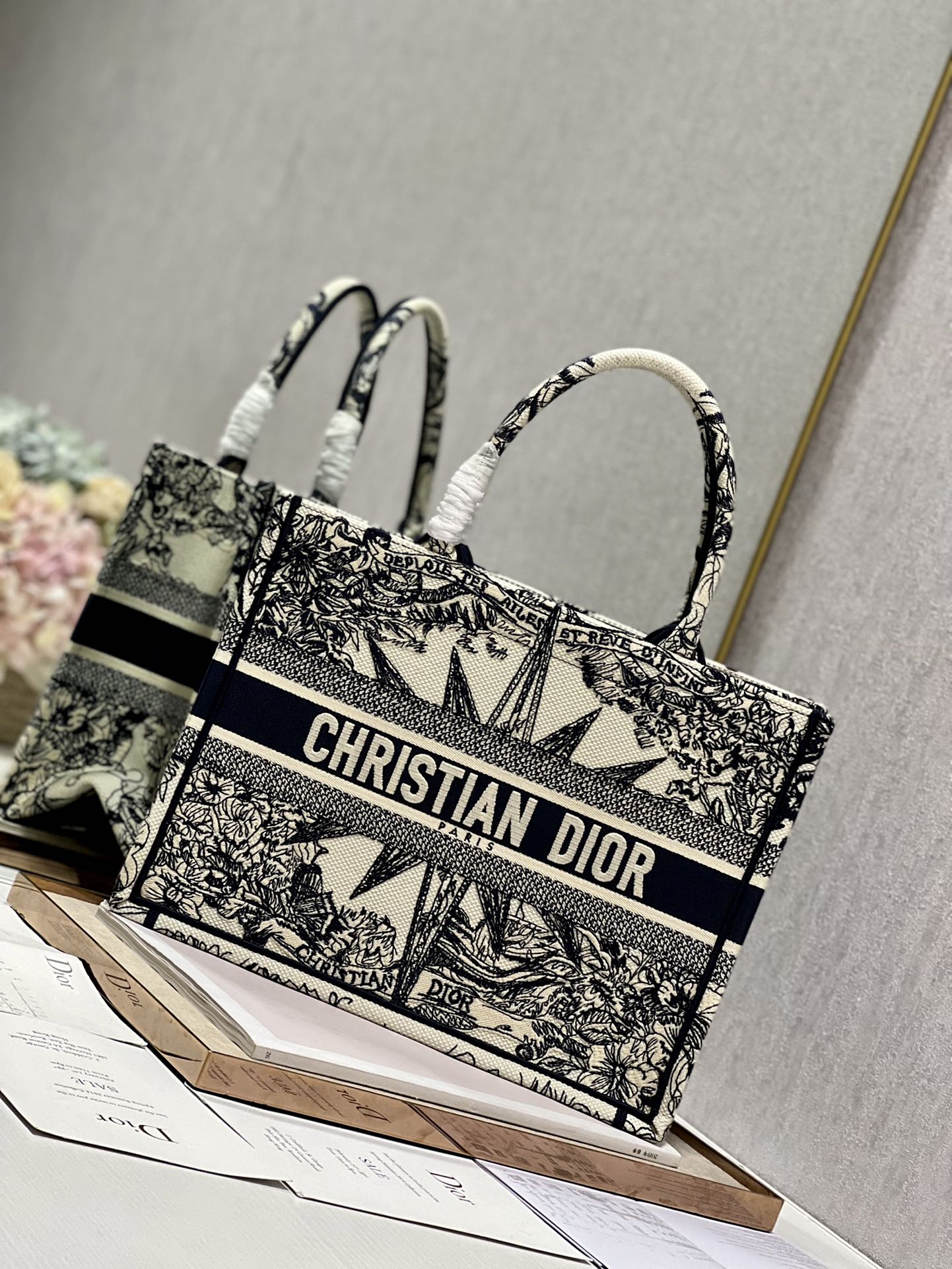Christian Dior Medium Book Tote Bag - Black and White Embroidered Toile de Jouy with Star Motif