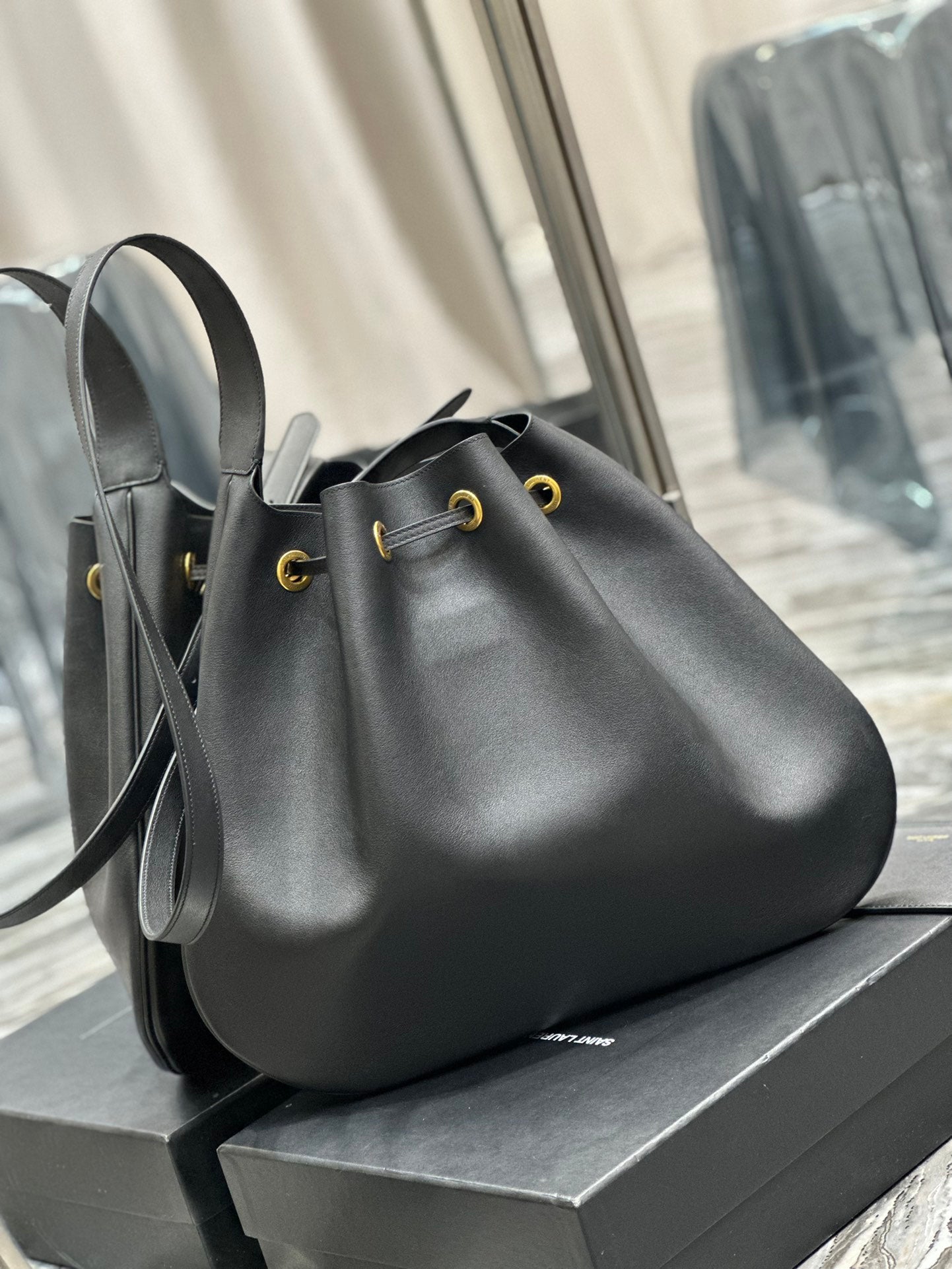 Saint Laurent Leather Drawstring Bucket Bag with Detachable Pouch - Black