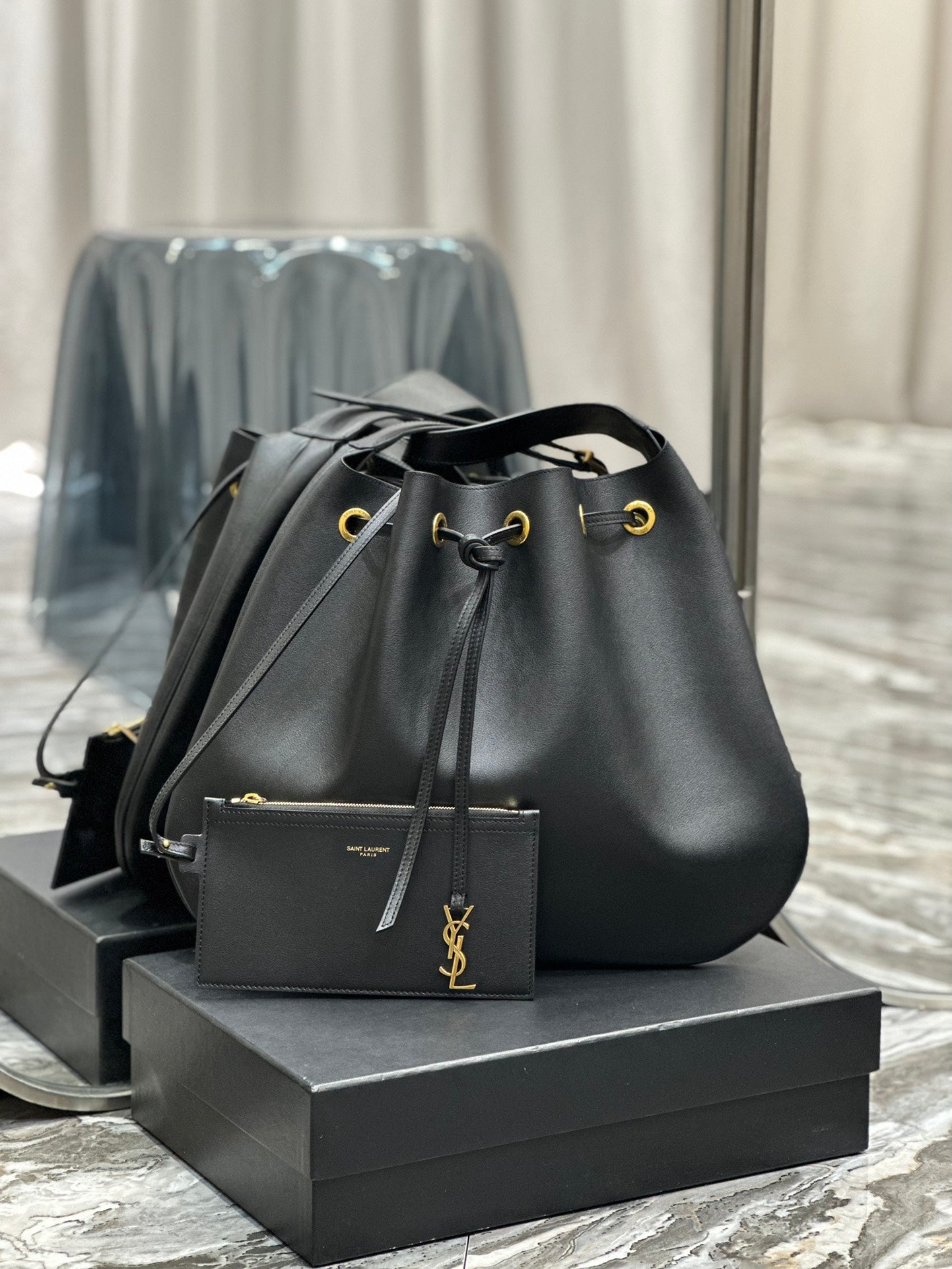 Saint Laurent Leather Drawstring Bucket Bag with Detachable Pouch - Black