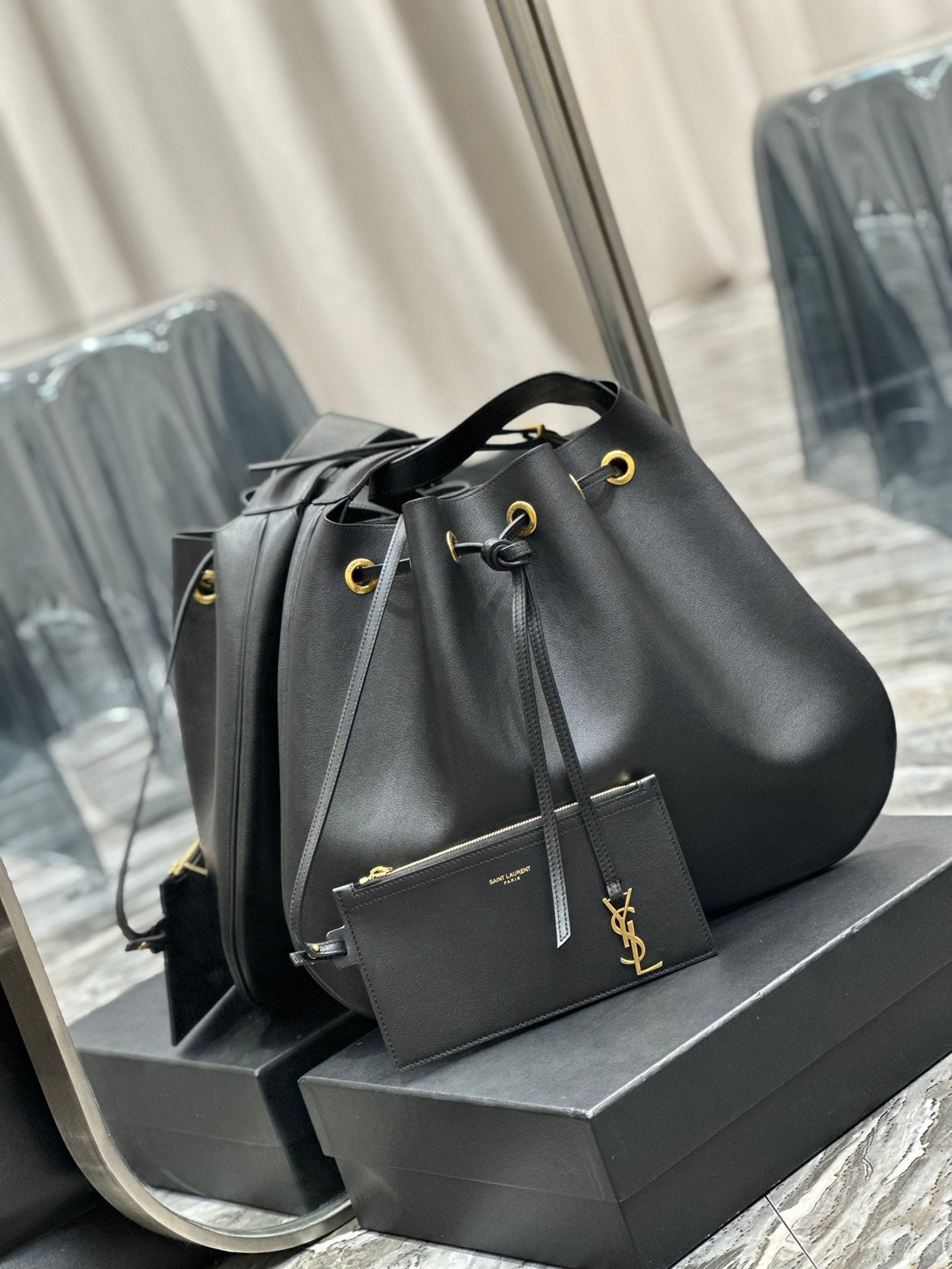 Saint Laurent Leather Drawstring Bucket Bag with Detachable Pouch - Black