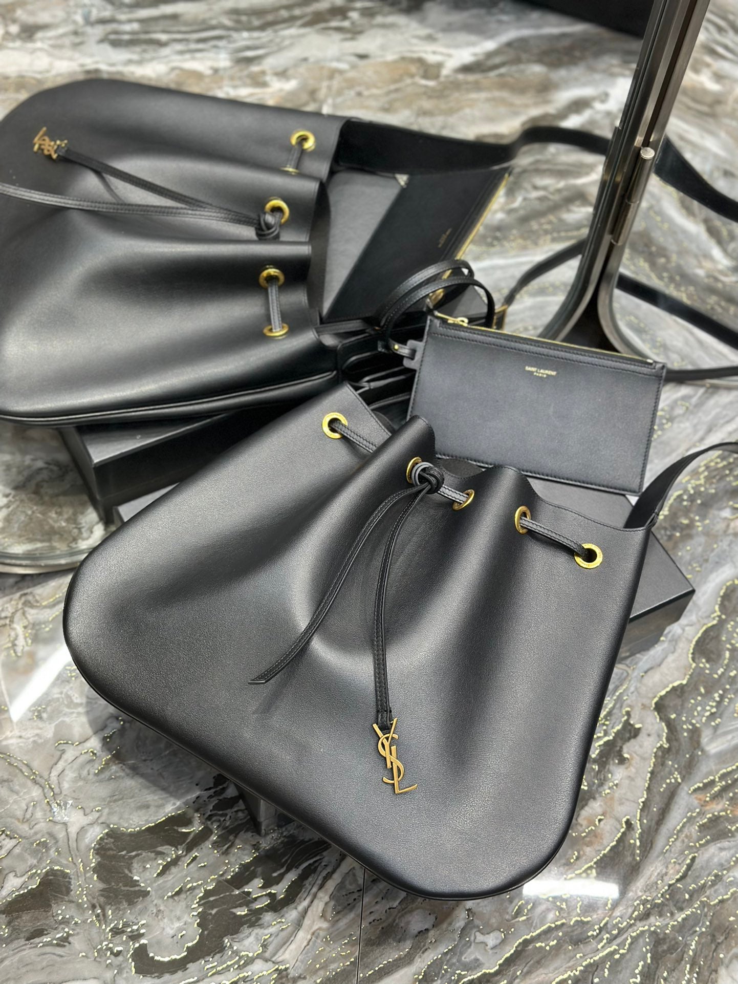 Saint Laurent Leather Drawstring Bucket Bag with Detachable Pouch - Black