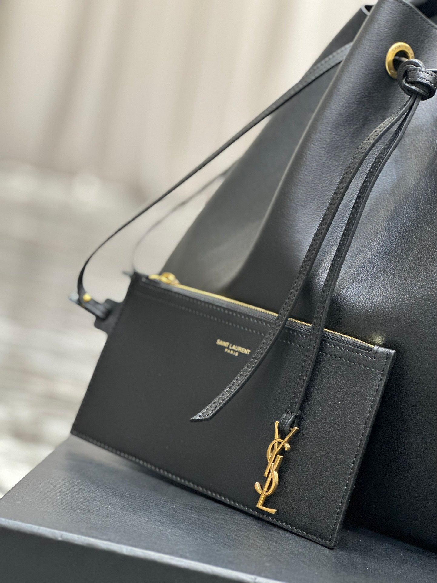 Saint Laurent Leather Drawstring Bucket Bag with Detachable Pouch - Black