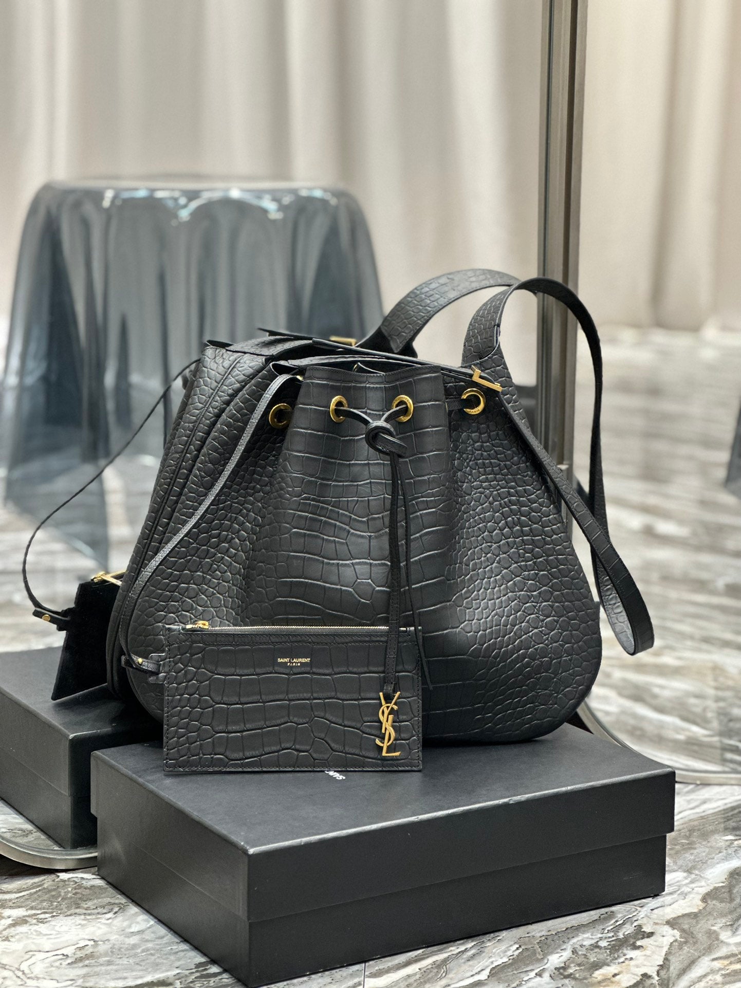 Saint Laurent Crocodile-Embossed Leather Bucket Bag with Pouch - Black