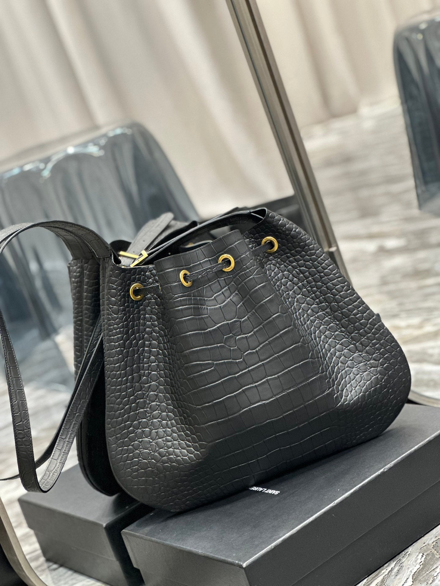 Saint Laurent Crocodile-Embossed Leather Bucket Bag with Pouch - Black