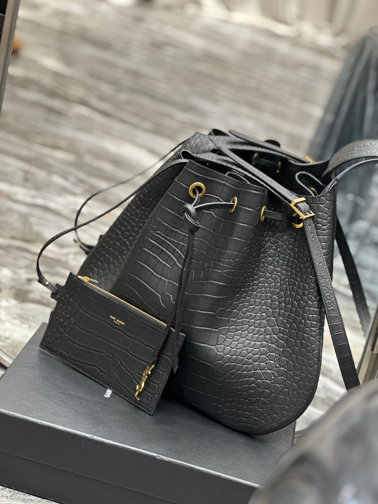 Saint Laurent Crocodile-Embossed Leather Bucket Bag with Pouch - Black