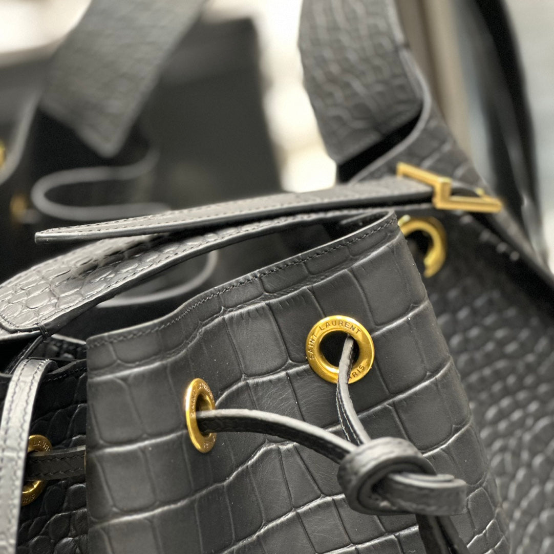 Saint Laurent Crocodile-Embossed Leather Bucket Bag with Pouch - Black