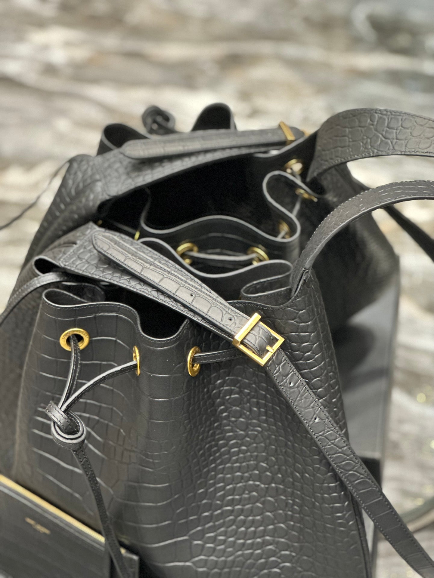 Saint Laurent Crocodile-Embossed Leather Bucket Bag with Pouch - Black