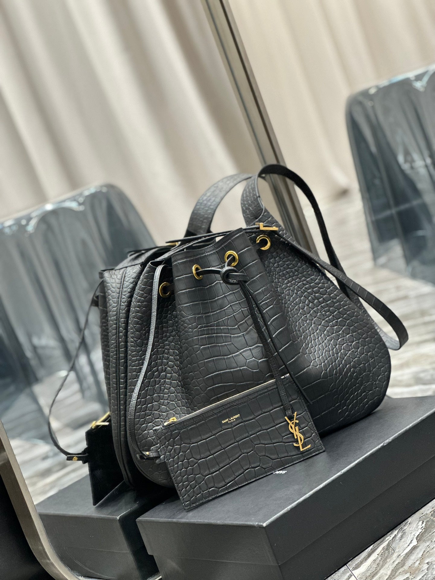Saint Laurent Crocodile-Embossed Leather Bucket Bag with Pouch - Black