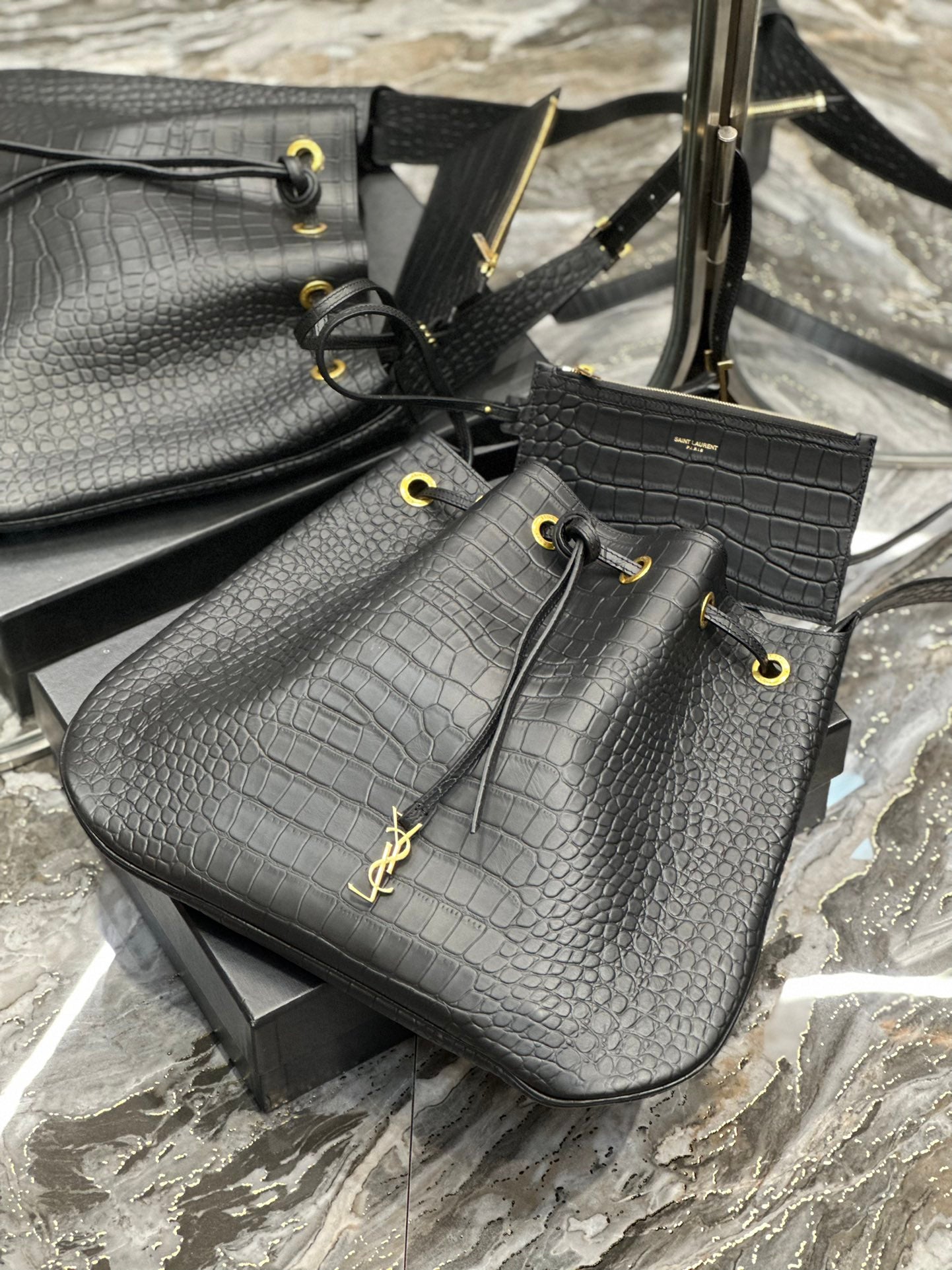 Saint Laurent Crocodile-Embossed Leather Bucket Bag with Pouch - Black