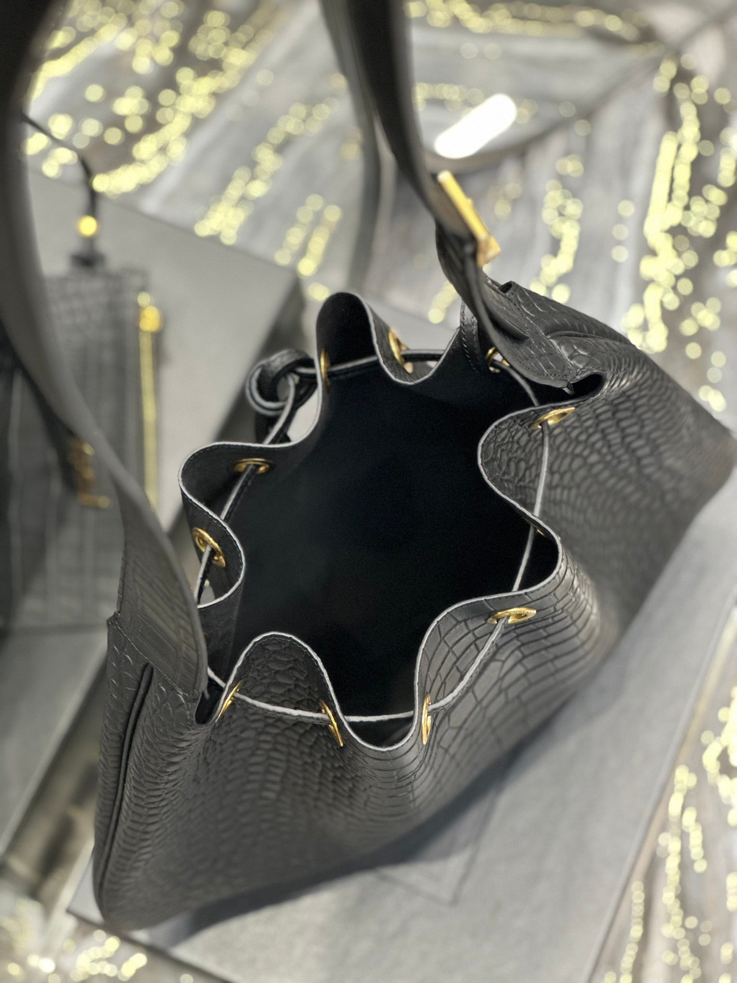 Saint Laurent Crocodile-Embossed Leather Bucket Bag with Pouch - Black