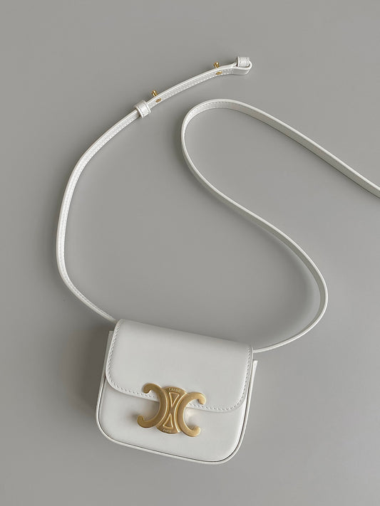 Mini White Triomphe-Style Crossbody Bag with Gold Clasp