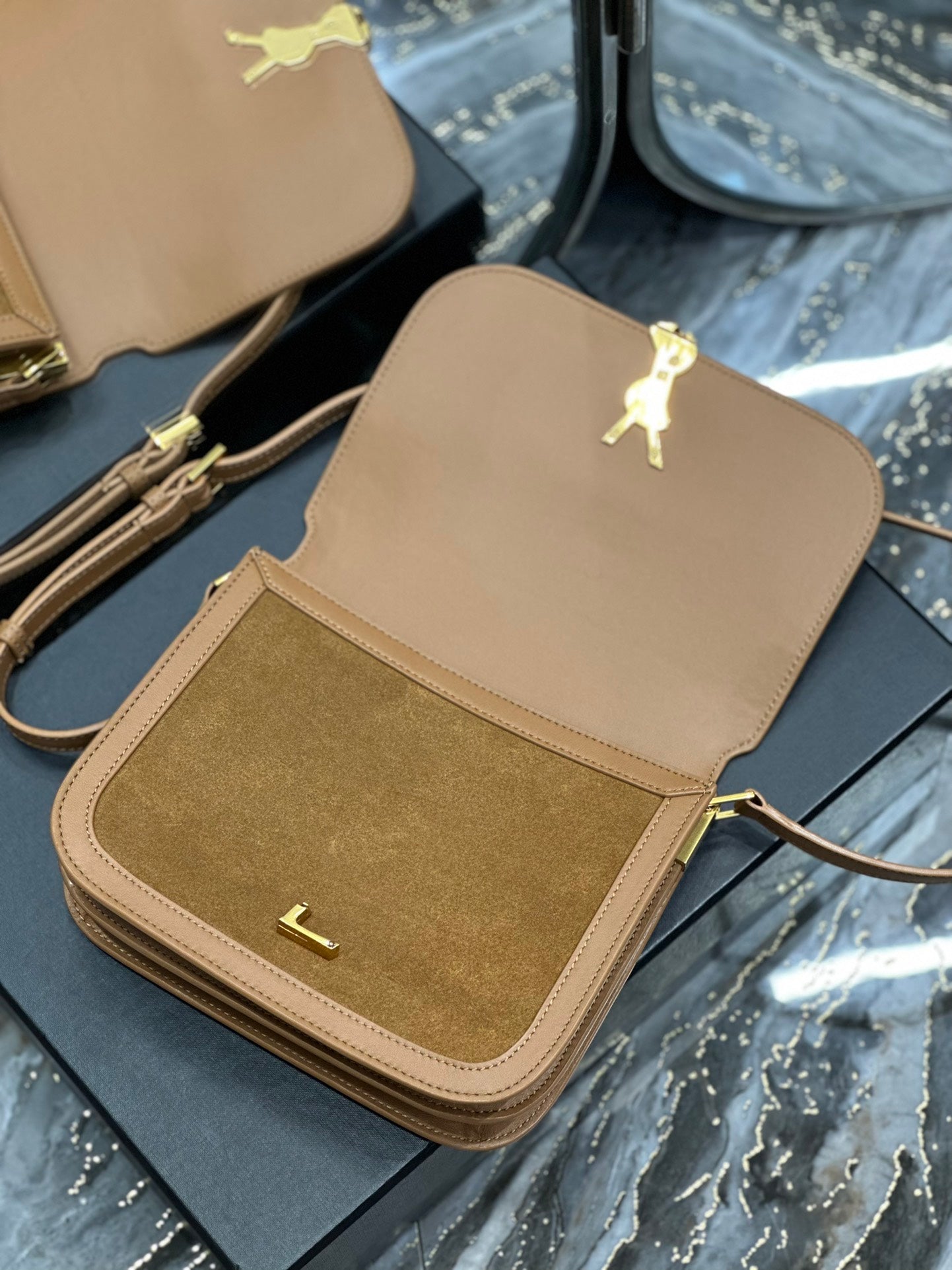 Saint Laurent Solferino Medium Satchel Bag in Suede and Leather - Tan