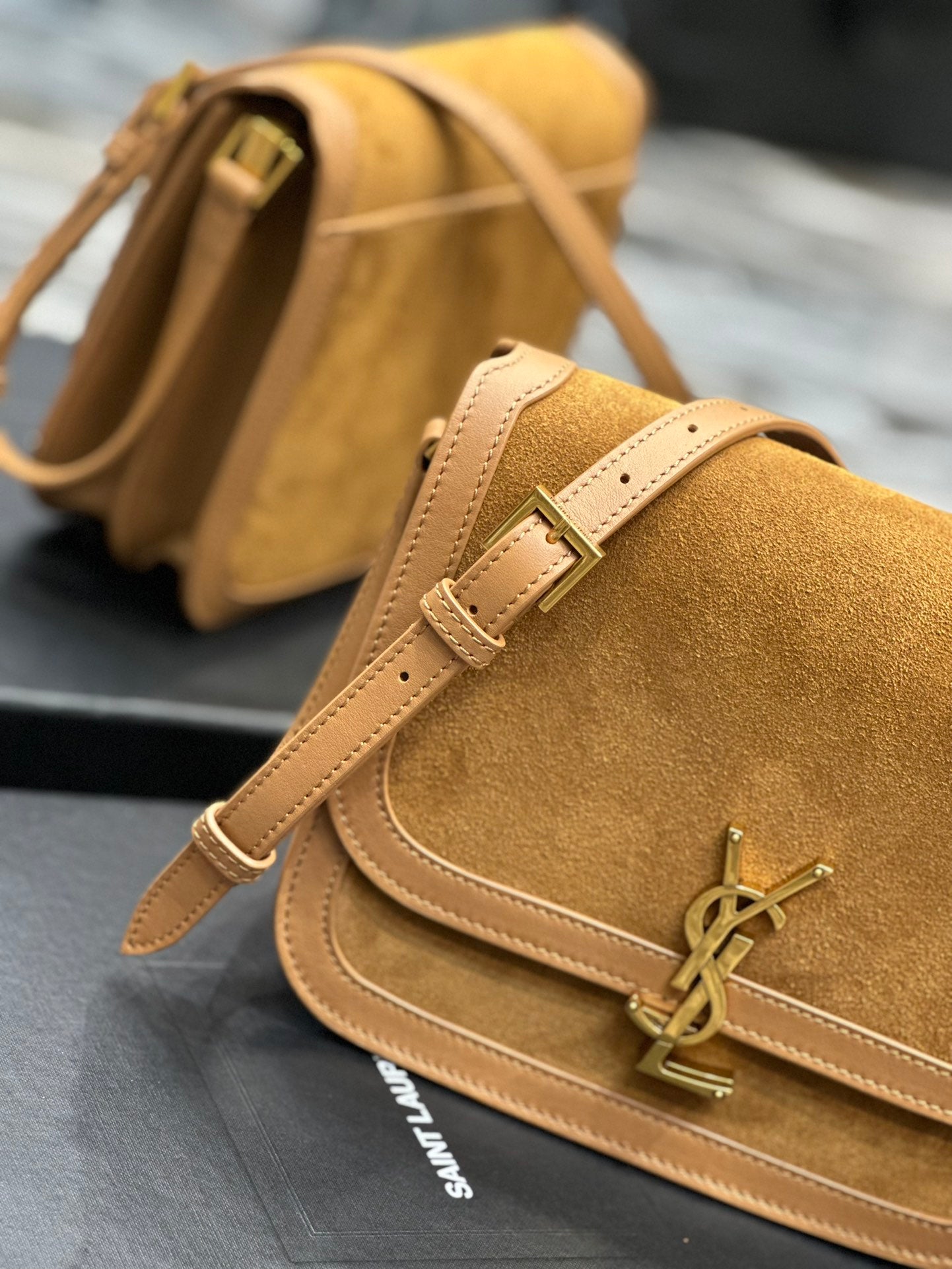 Saint Laurent Solferino Medium Satchel Bag in Suede and Leather - Tan