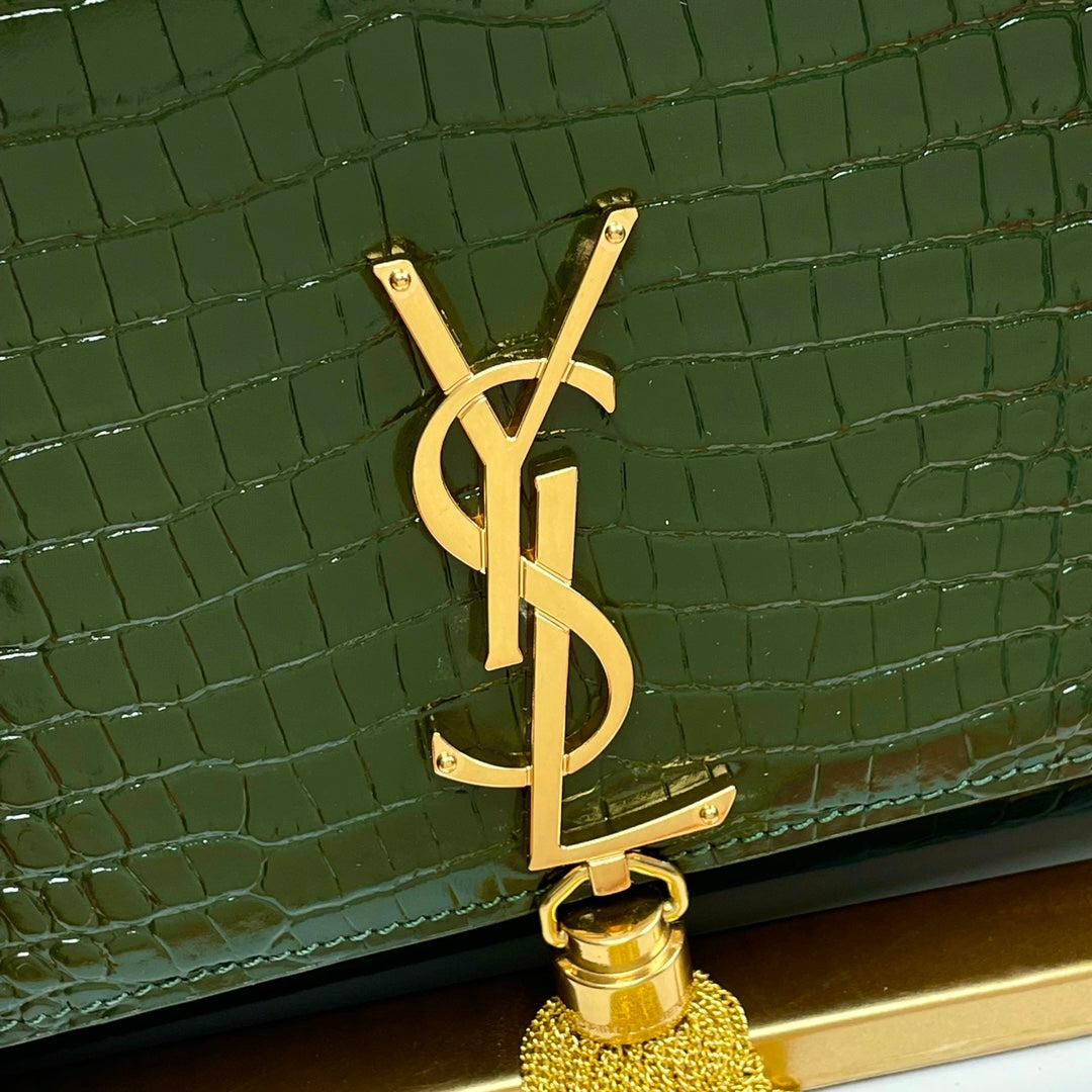 Saint Laurent Kate Tassel Medium Shoulder Bag in Crocodile-Embossed Leather - Green