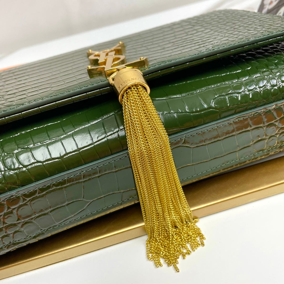 Saint Laurent Kate Tassel Medium Shoulder Bag in Crocodile-Embossed Leather - Green